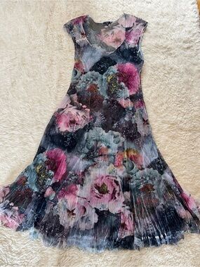 Komarov Dress Sheer Size P/XL Crinkle Chiffon Raw Hem Floral